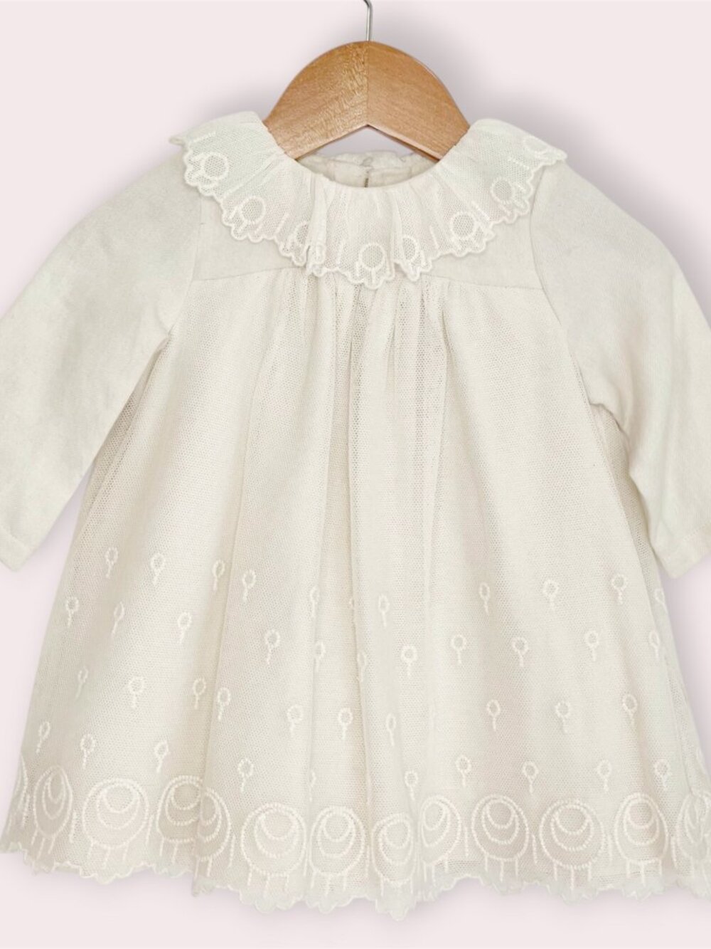 NWT Bonpoint Paris dress ivory embroidered tulle ruffle collar size 6 months